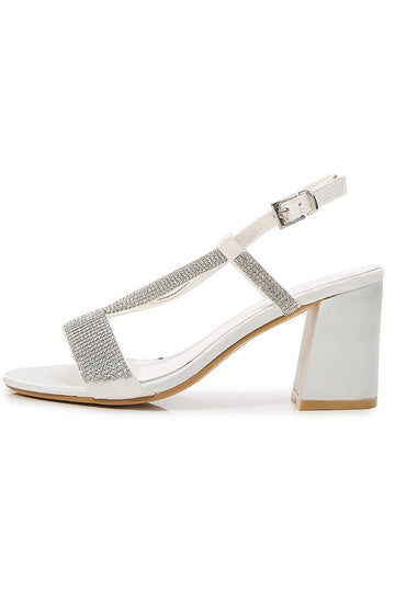 White Rhineshones Open Toe Block Heel Sandal